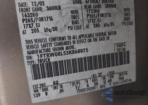 2003 Ford F-150 Lariat/Xlt из США, поврежденный, VIN 1FTRW08L53KB68875